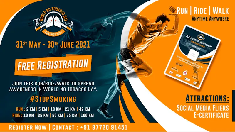 tobacco run World No-Tobacco Day Run Ride Tickets by World Running Challenge India,  Monday, May 31, 2021, Online Event