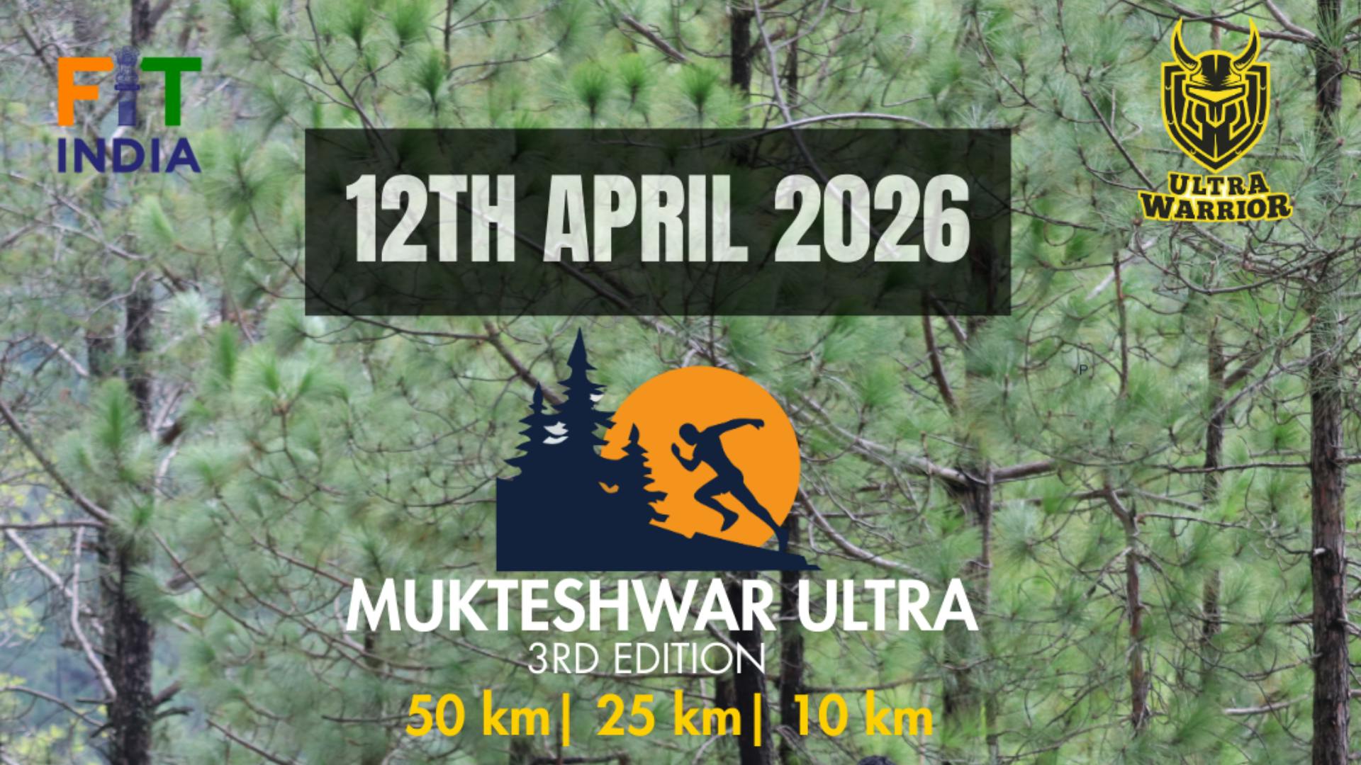 Mukteshwar Ultra 2026 race poster with event date, distances, location, and booking prompt